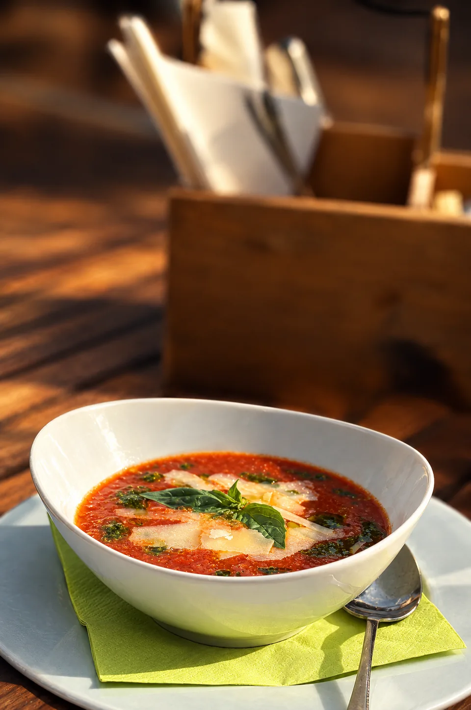 Tomatová polévka s parmazánem a bazalkou v bílé misce