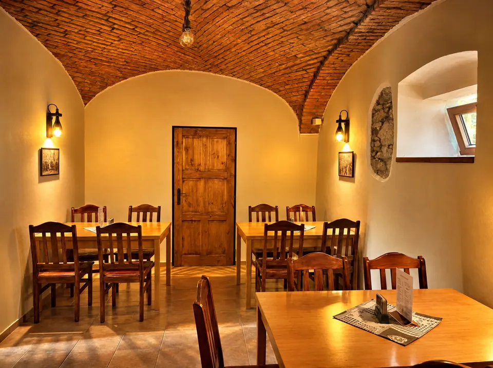 Cihlová klenba a posezení v Pivnici Trattoria Famiglia