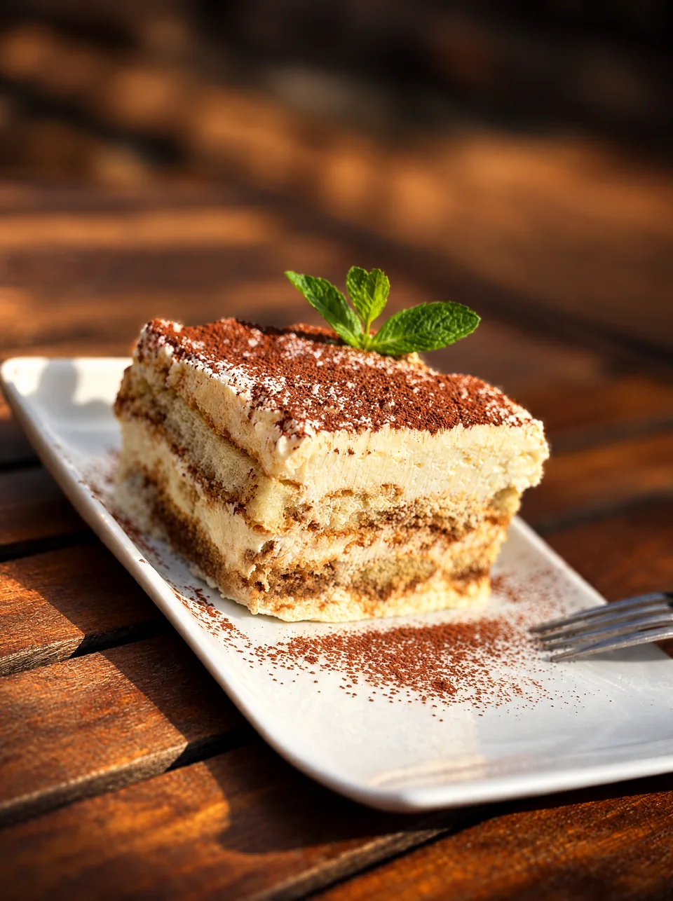 Řez tiramisu posypaný kakaem a ozdobený mátou na bílém talíři